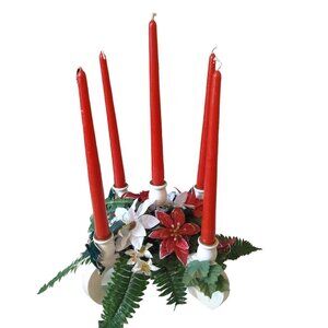 VTG WOODEN CHRISTMAS CANDLE HOLDER CENTERPIECE POINSETTIA GREENERY 5 CANDLES CB1